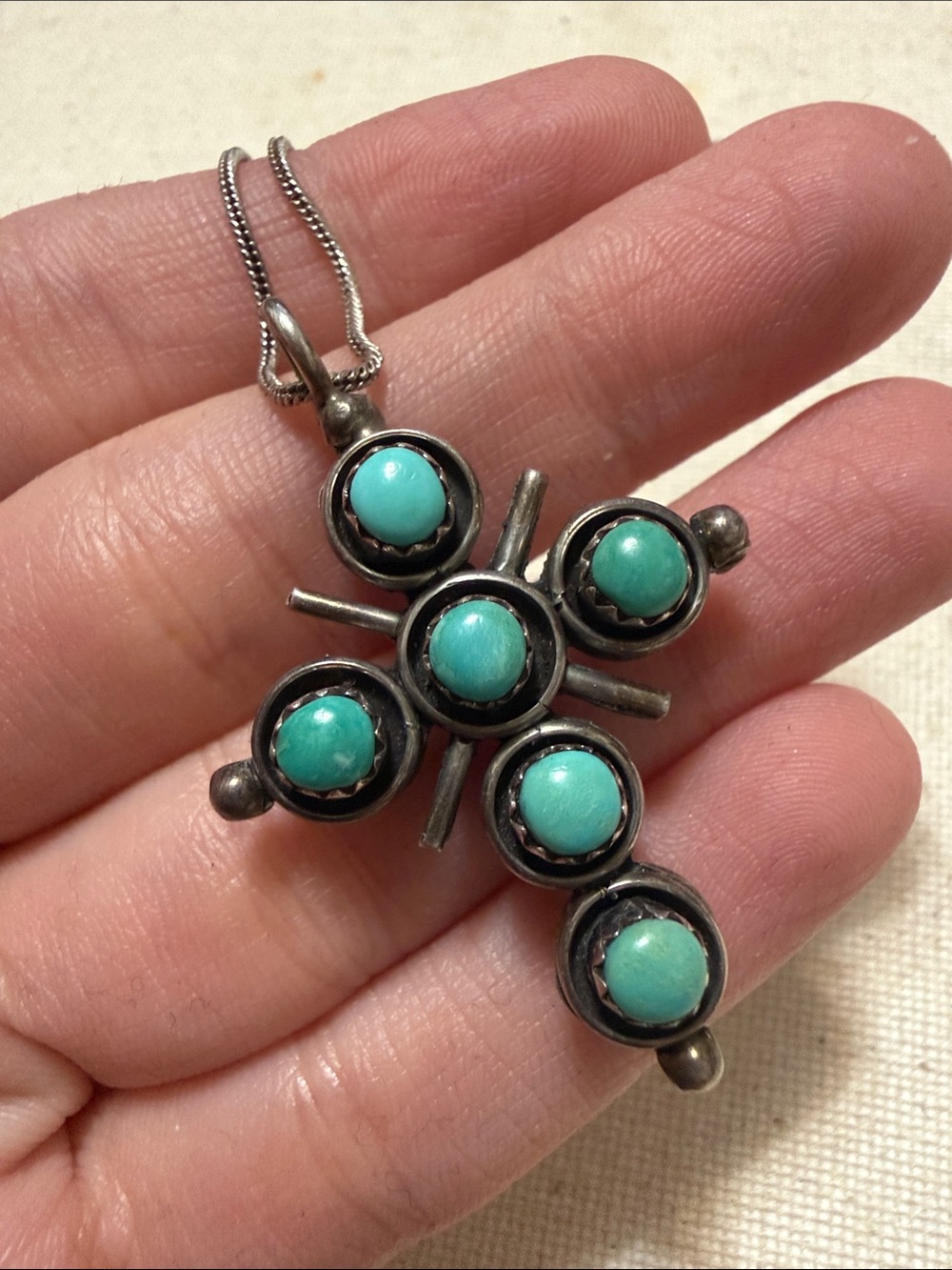 Stunning Navajo Native Turquoise&Coral Stone Sterling 925 Cross Pendant Necklace